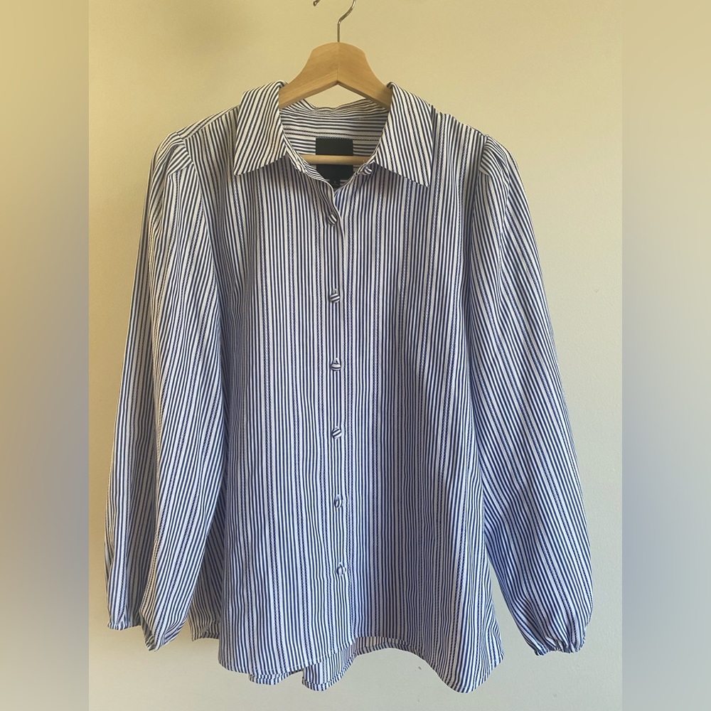 Alex Marie Top | Blue and White Long-Sleeve Pinstripe with Collar, raised stitch
